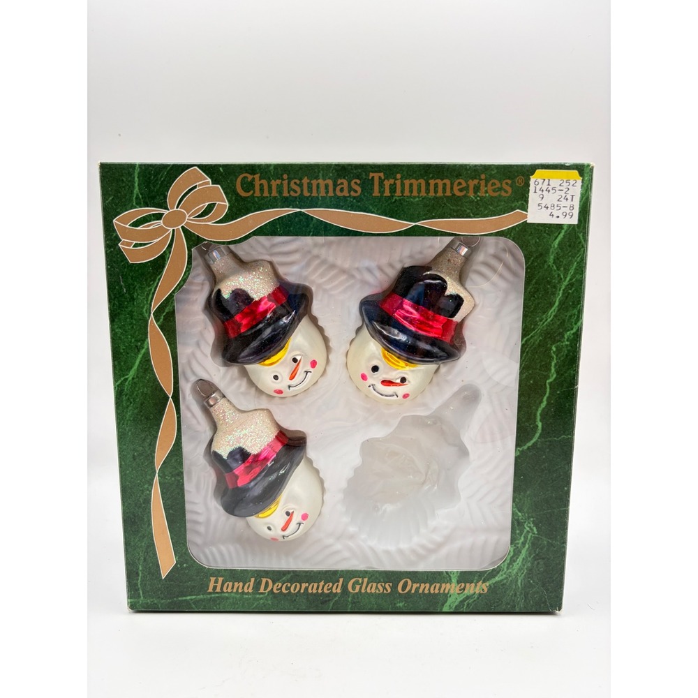Vintage Christmas Trimmeries Frosted Glass Snowman Ornaments Set of 3 Bradford